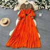 French heavy industry embroidered bead sequin mesh stitching lantern sleeve strap waist pleated dress women's high-end long dress