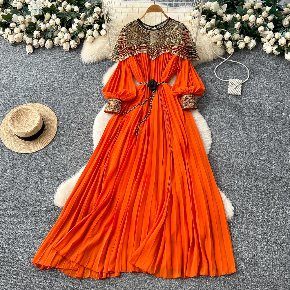 French heavy industry embroidered bead sequin mesh stitching lantern sleeve strap waist pleated dress women's high-end long dress