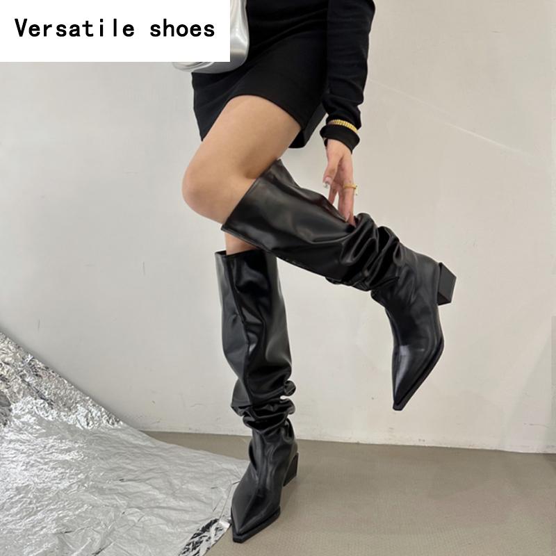 Street Style Pleated Women Knee High Boots Fashion Pointed Toe Long Booties Designer Square Heels Botas De Mujer