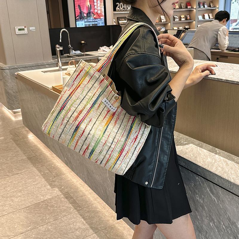 Stylish Blue Pink Beige Rainbow Striped Canvas Tote Bag With Embroidery For Daily Use