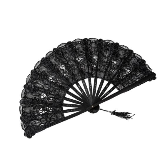 

Кружевной складной веер с кисточкой и полыми ребрами, винтажный европейский танцевальный реквизит для фотосессии, портативный летний ручной веер для женщин и девочек, подарок чёрный