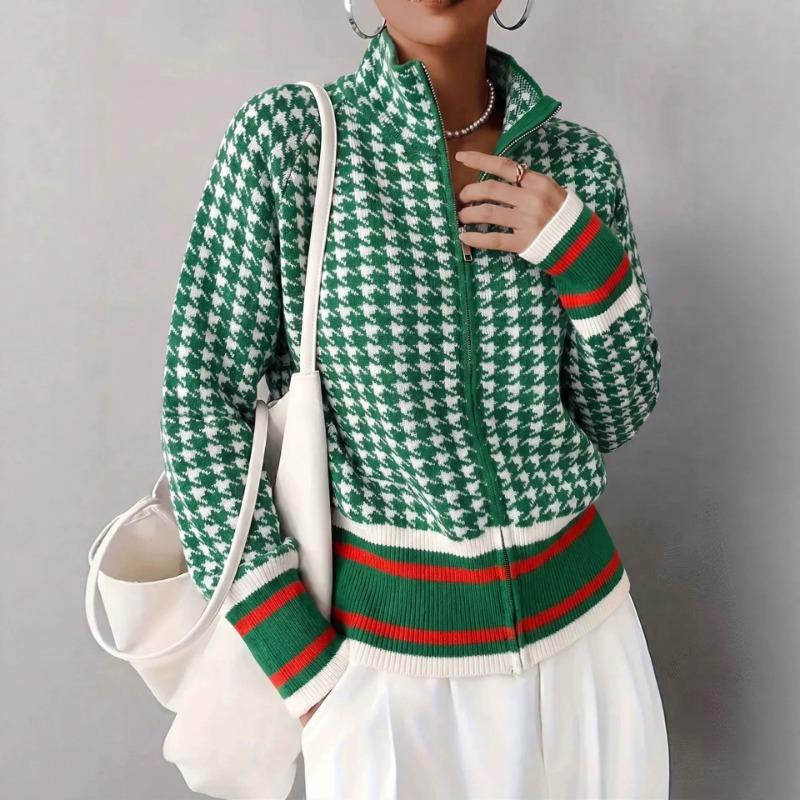 Womens Houndstooth Hooded Zip Up Thick Loose Knit Cardigan Sweater Outerwear