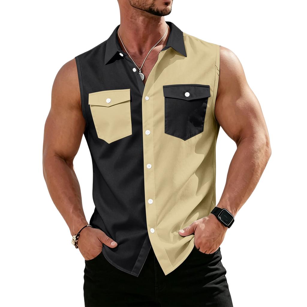 Men's Workwear Lapel Button-Down Vest Shirt - Lightweight Sleeveless Top