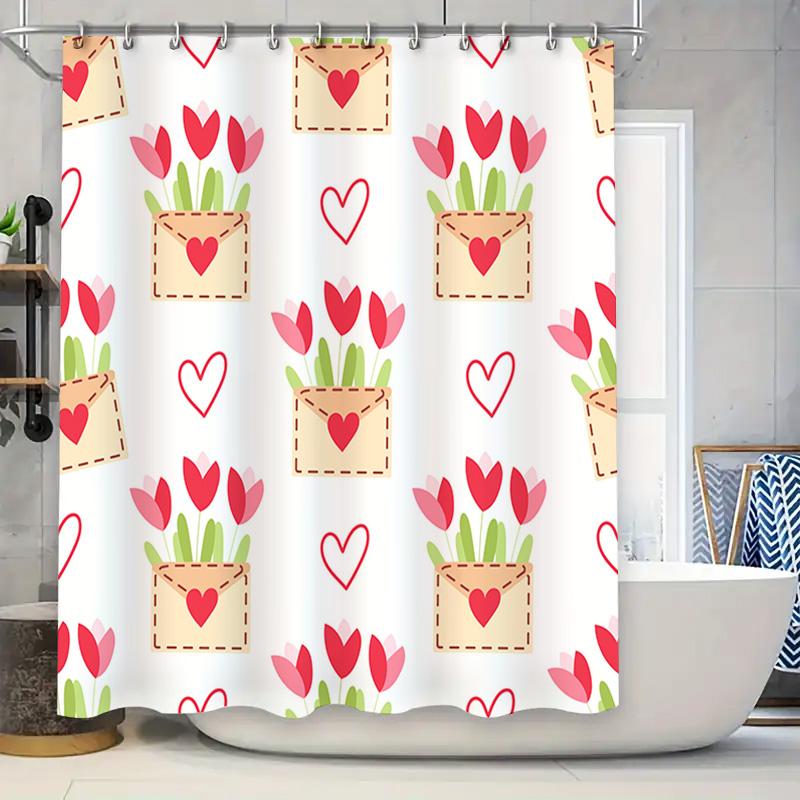 Pink and Green Envelope with Red Heart Shaped Flower Shower Curtain for Bathroom Decor Custom Size Available 90x180cm