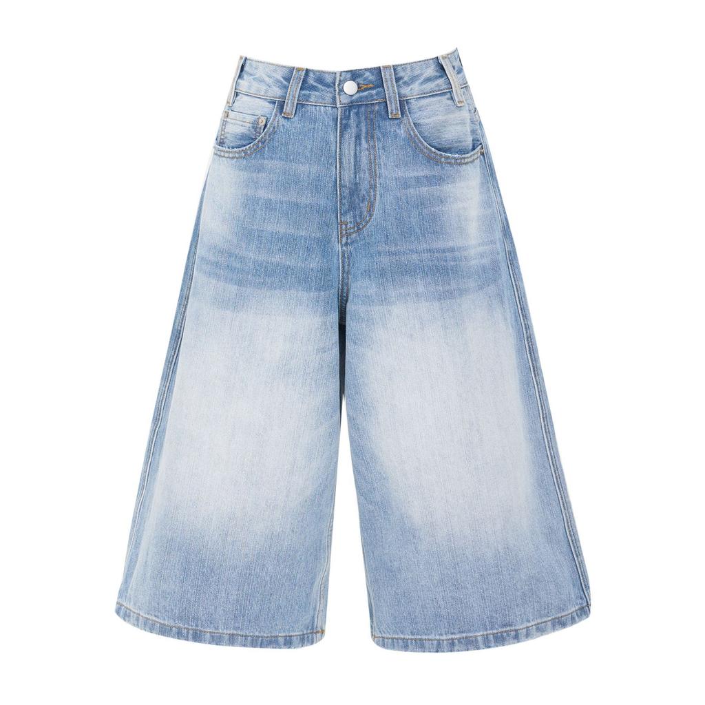Fashion Summer Slub Fabric Wide Leg Cropped Capri Denim Pants For Women Trendy Versatile Loose Straight Slimming FigureFlattering Streetwear