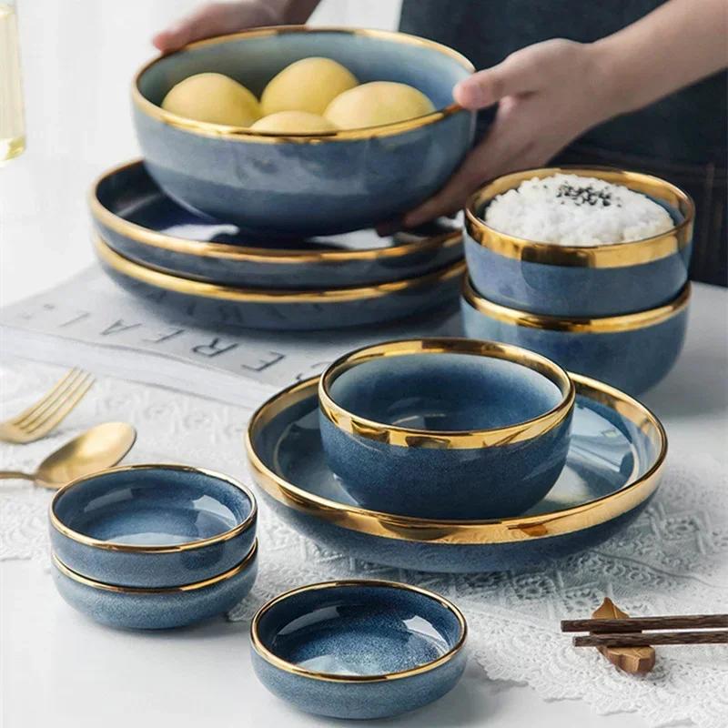 1pcs Light Luxury Ceramic Plate Set Dishes Dinner Plates Dessert Steak Plate Blue Gradient Salad Soup Bowl Plates Tableware