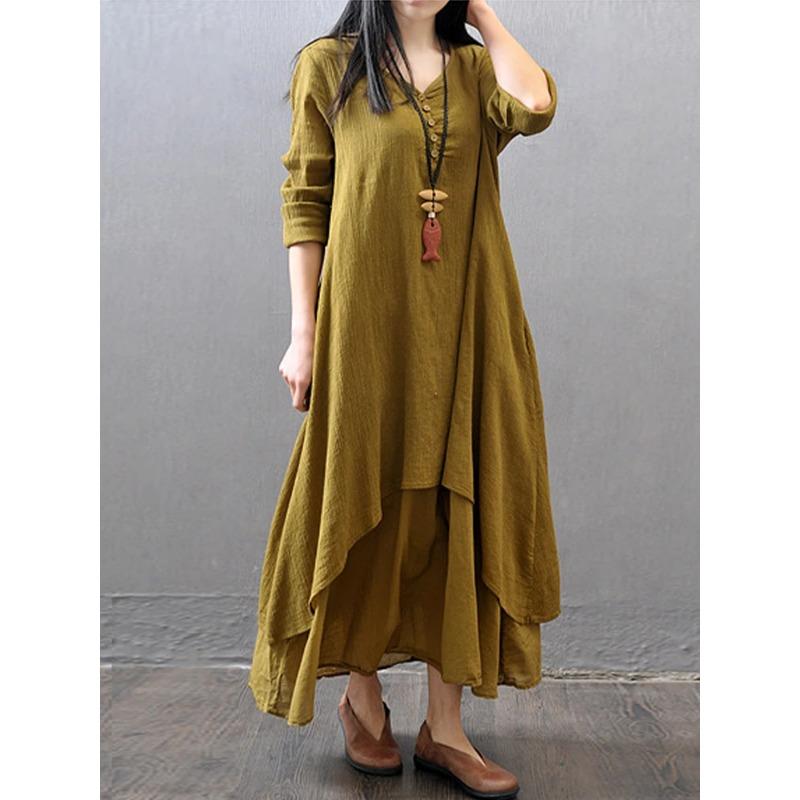 Rochie Midi Boemă de Vară Vintage Femei Elegantă Solidă Stratificată Mânecă Lungă Rochii Modă Largă Gât în V Casual Streetwear Vestidos