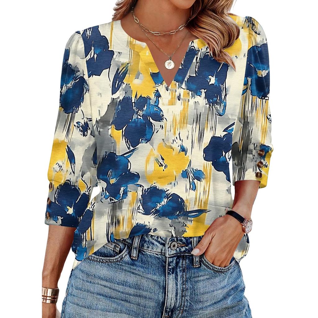 Womens Casual V Neck Loose Fit Three Quarter Sleeve Blouse Floral Print Lightweight Top for Everyday Wear