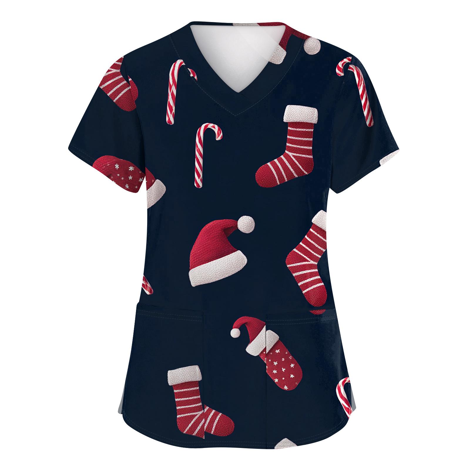 

Женские модные топы с коротким рукавом, рождественским принтом, V-образным вырезом, карманом, рабочая одежда XXL