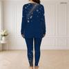 Women Plus Size Navy Blue Printed Half Zip Long Sleeve Longline Top Fitted Pants Two Piece Set