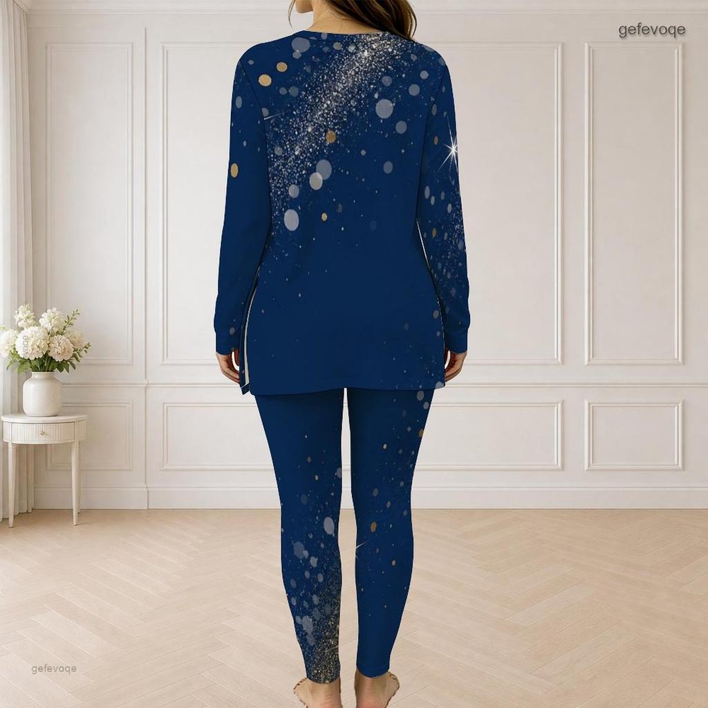 Women Plus Size Navy Blue Printed Half Zip Long Sleeve Longline Top Fitted Pants Two Piece Set