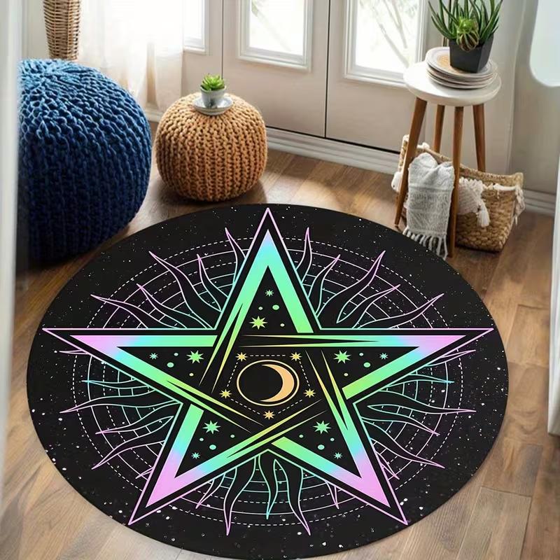 Gradient Pentagram Moon Star Round Area Rug Witchy Celestial Mystical Soft Non-Slip Carpet Gothic Boho Home Decor Circle Rug