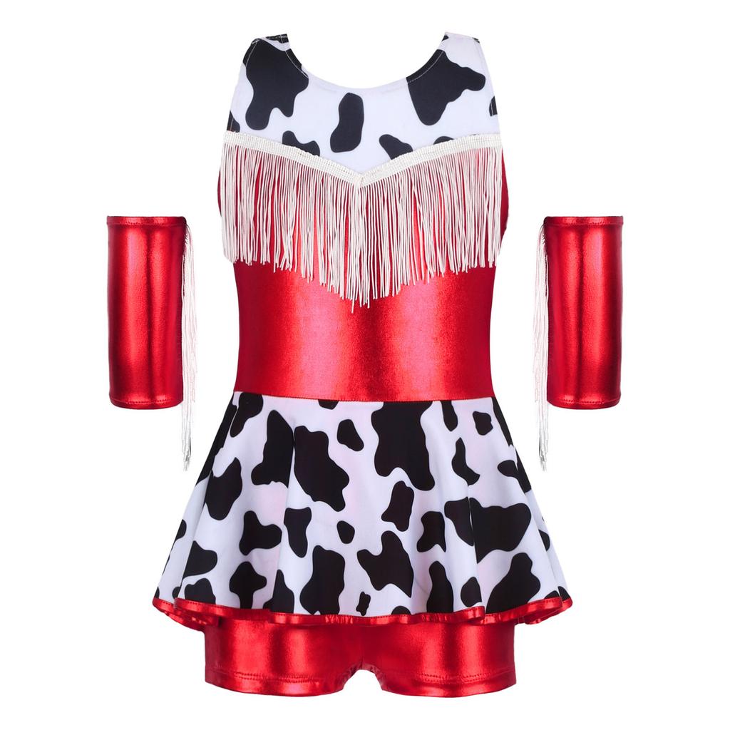 Girls Cowgirl Costume for Cosplay Party Metallic Gloss Cross Back Straps Fringed Dress with Built-in Shorts