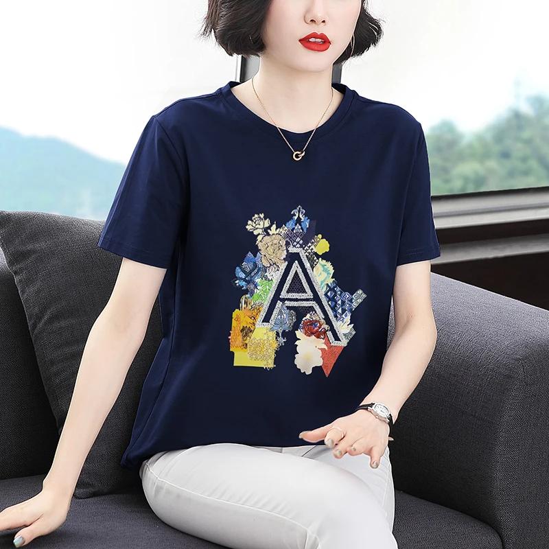 Womens Floral Letter Print Crew Neck Short Sleeve T Shirt M синий