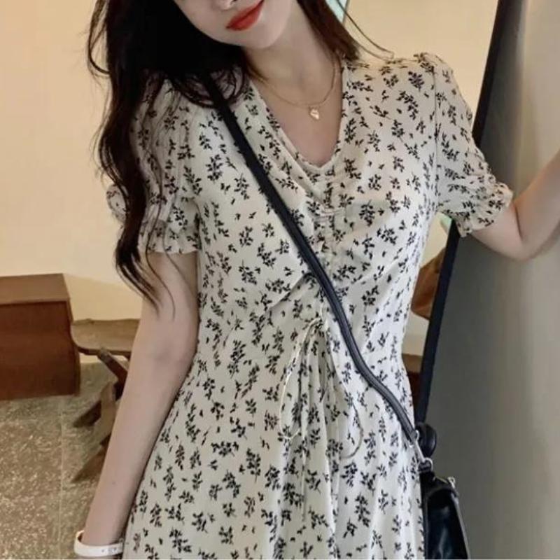 GMXIA Floral Temperament Skirt Small Mid-length Short Sleeve Small Fresh Dress Fairy