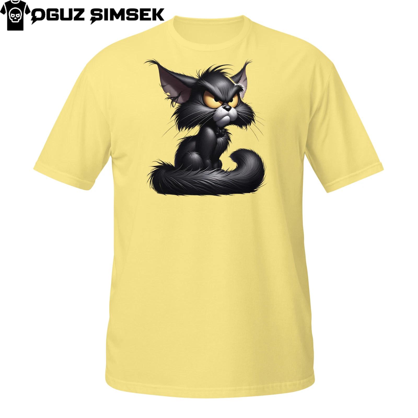 Dark Fluffy Cat T-Shirt Mens Womens Tees Top – Angry Black Cartoon Kitten with Evil Stare 3XL