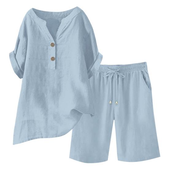 Cotton Linen 2 Piece Outfits for Women Short Sleeve V-Neck Top Wide Leg Shorts Set Summer Casual Loose Lounge Set