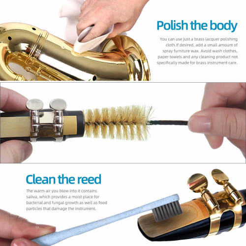 Saxophone Cleaning Kit for Alto/Tenor Saxophone, Clarinet, and Flute, Includes Case, Saxophone Cleaning Cloth (4 pieces), and Mouthpiece Brush (Dark G