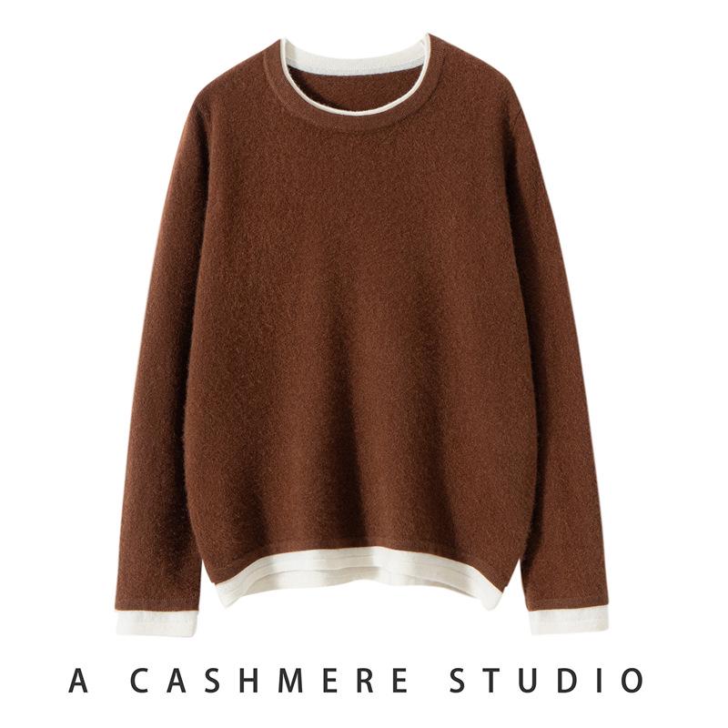 Pure Cashmere Color Block Round Neck Knit Sweater - Women's Long Sleeve Loose Fit Base Layer for Fall/Winter
