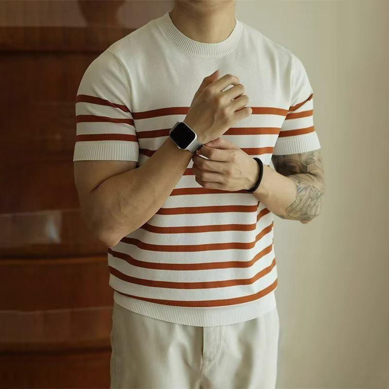 Men's Light-Mature Striped Ice Silk Short-Sleeve Knit Sweater