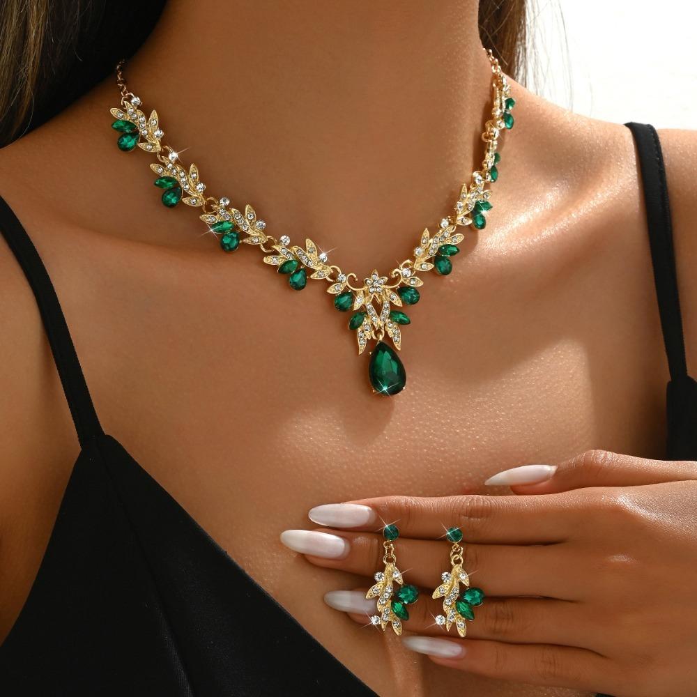 Fashion Luxury Full of Rhinestone Flower Green Teardrop-shaped Crystal Pendant Necklace for Women Bride Wedding Banquet Jewelry