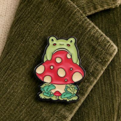 Brooch Pin, Frog Mushroom Design Lapel Pin, Enamel Glaze Bright Color Badge with Standard Safety Pin, Versatile Badge for Clothing Bags Hats Shoes