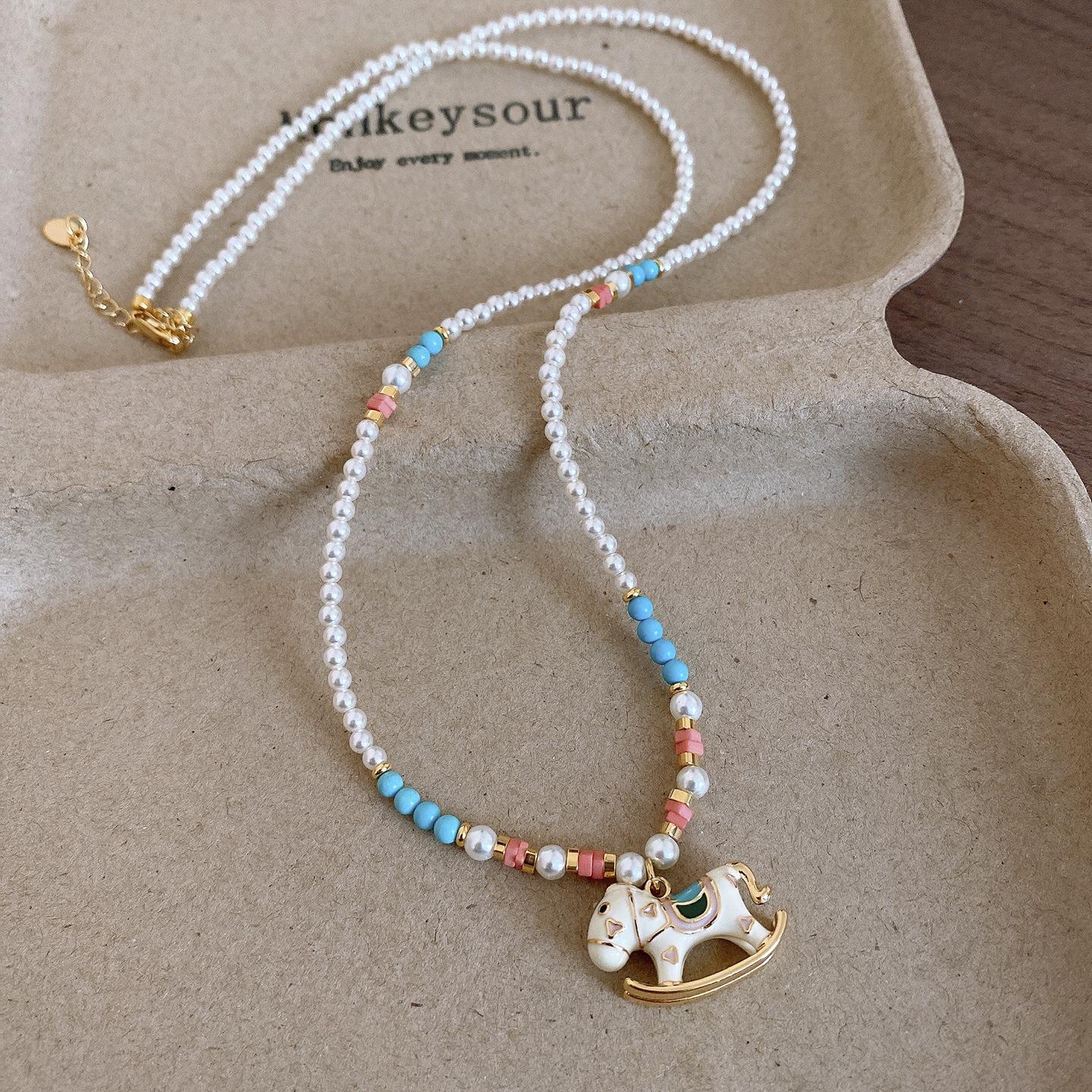 Guochao retro natal year pony pendant beaded necklace women s sweater chain necklace