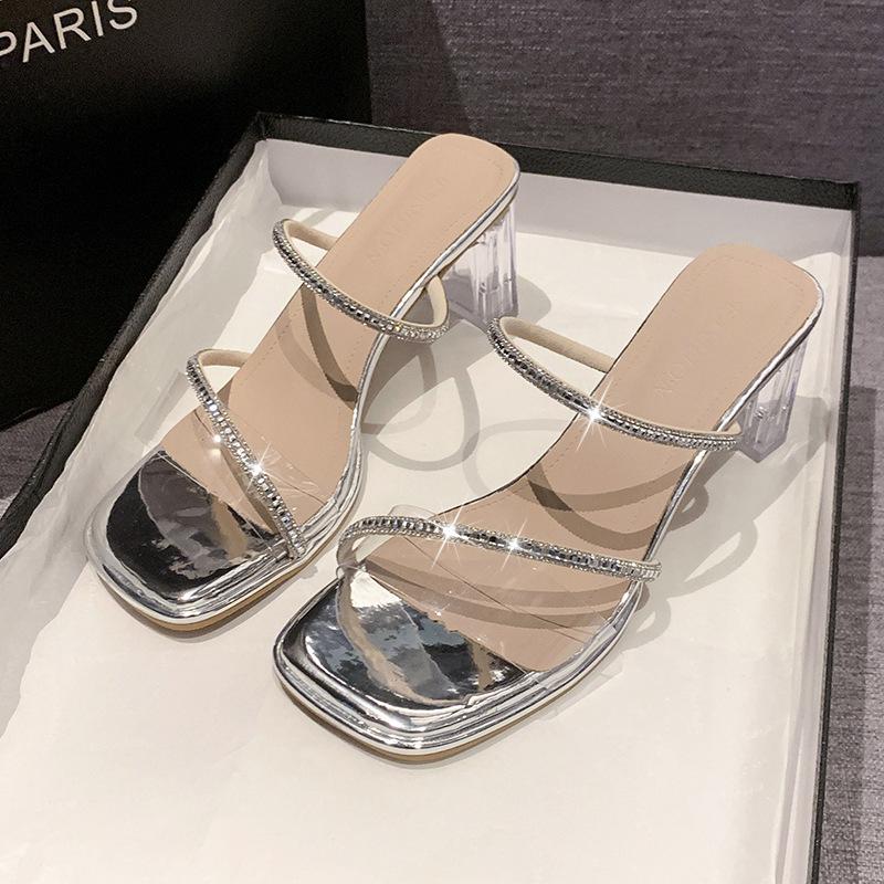 Transparent high-heeled slippers women's 2025 summer outer wear new fashion square crystal thick-heeled cool slippers