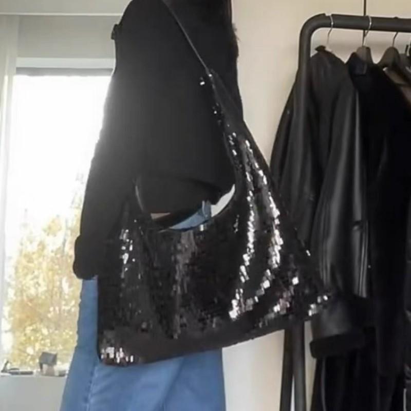 Sparkly Sequin Shoulder Bag Women Chic Streetwear Crossbody Handbag Medium Size Black