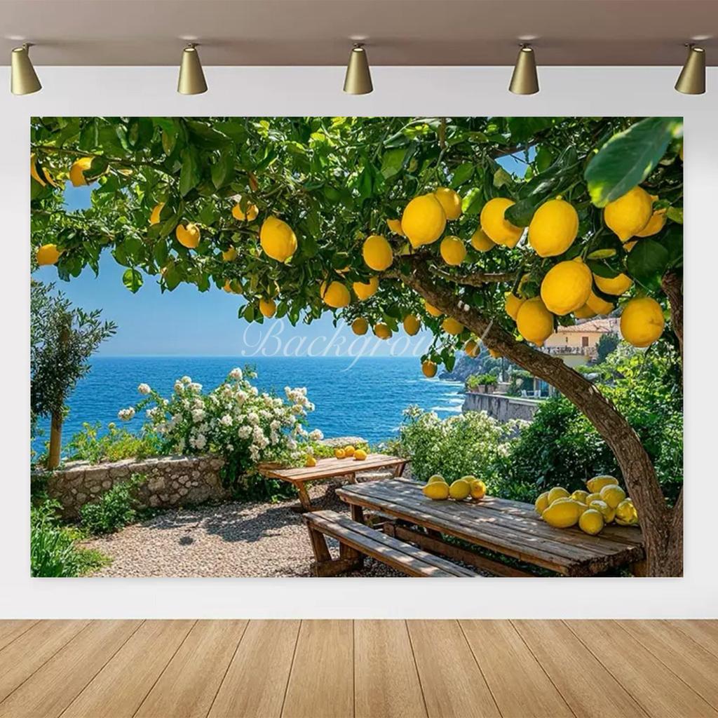 Banner Background with Lemon Tree Harvest Theme and Mediterranean Landscape Garden, Anniversary Room Decoration, Photo Backdrop