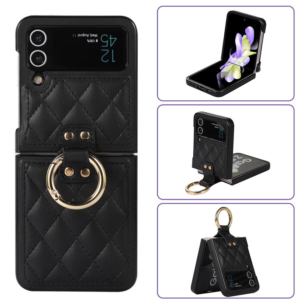 Leopard Print Ring Phone Case For Samsung Galaxy Z Flip 7 6 Flip 5 Flip 4 3 Rhombic Leather Cover Coque