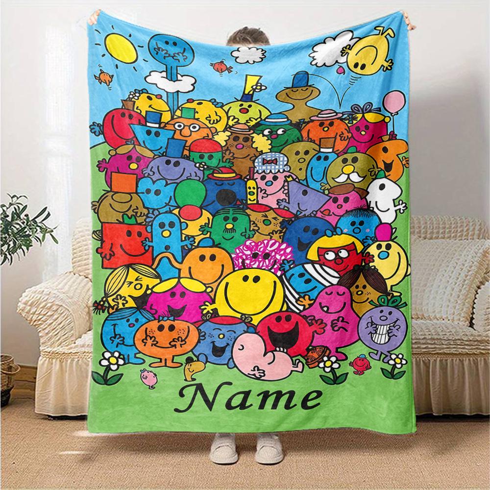 Custom Name Mr. Men and Little Miss Theme Printed Blanket - Perfect for Couch, Bed, Travel & Outdoor Use | Machine Washable, Cozy & Durable.