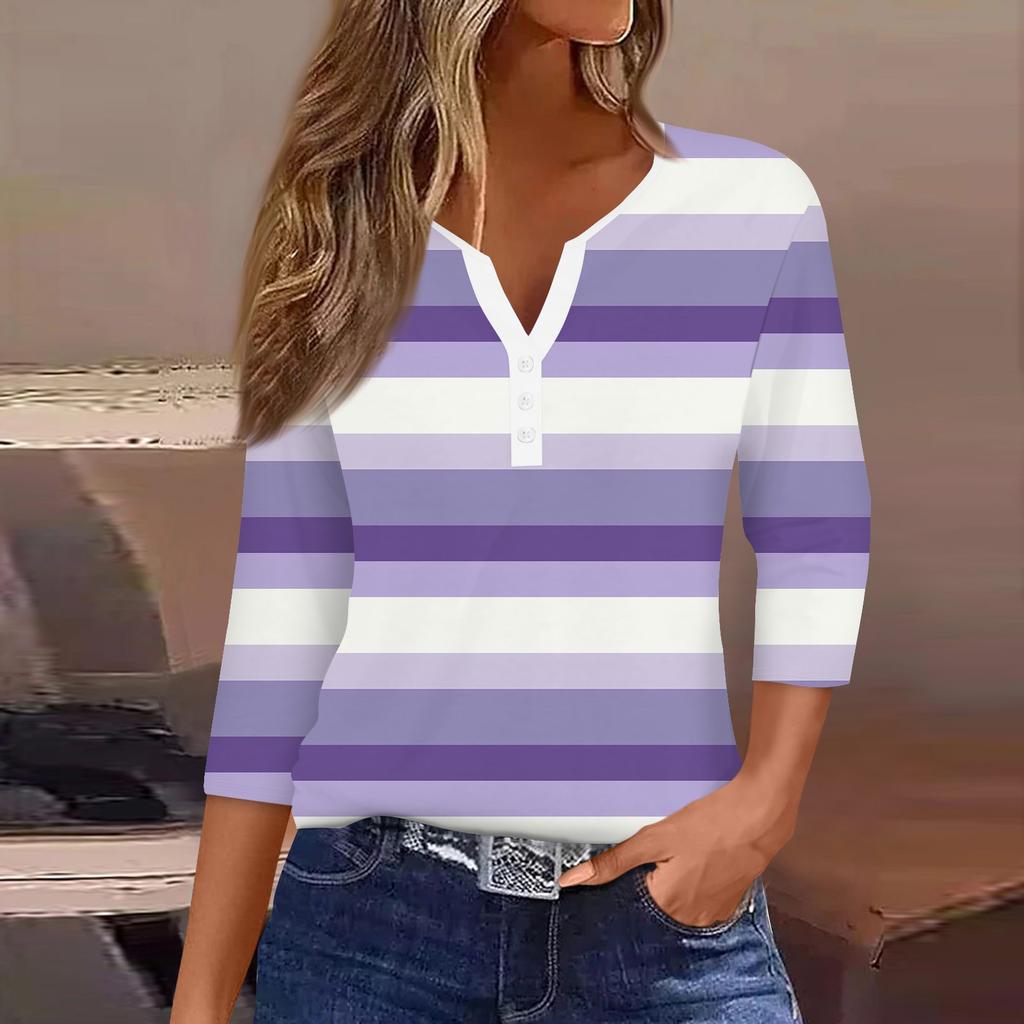 Women's T Shirt Tee Print Button  3/4 Sleeve Daily Weekend Fashion Basic V- Neck Regular Top
