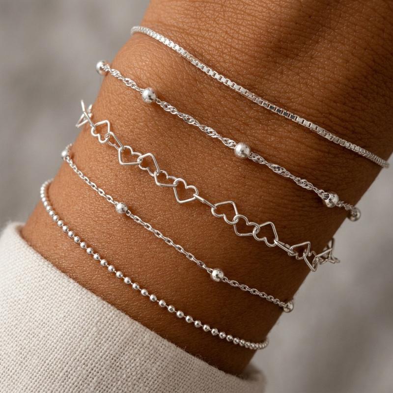 5Pcs Bohemian Metal Heart-Shaped Bracelet Set for Women Fashion Gold Color Multi-Layer Adjustable Hand Chain Holiday Zircon