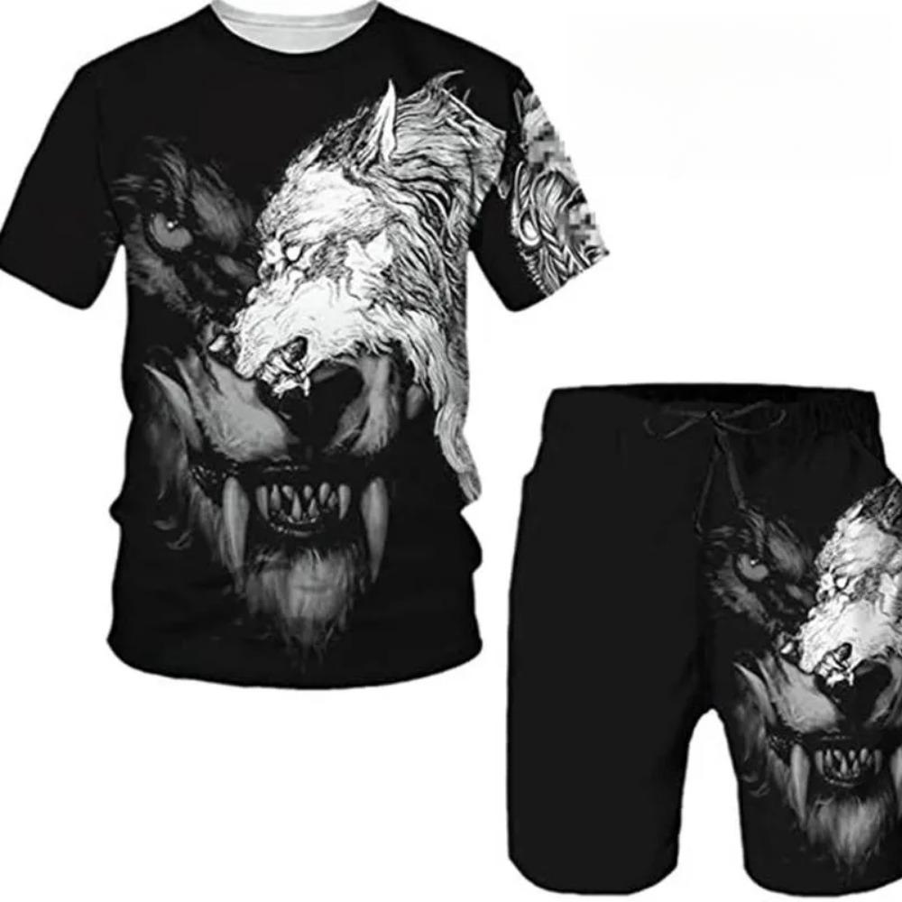 Summer Round Neck 3D Animal Printed Set Fashionable and Casual Short Sleeved Shorts Men's Sport Wear