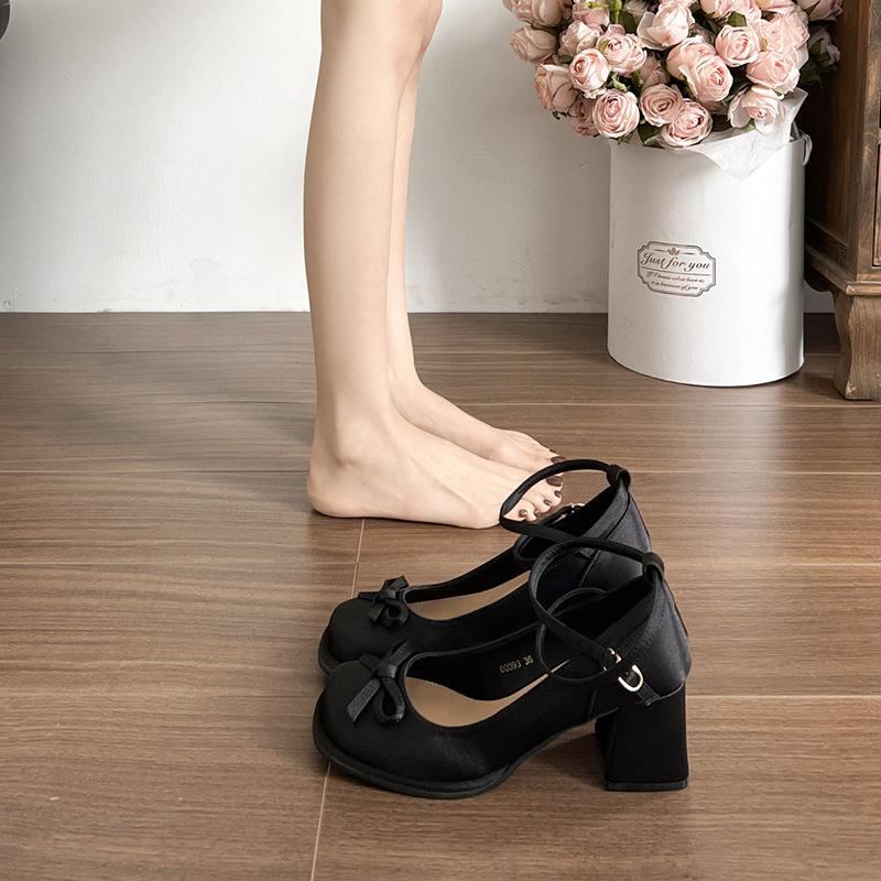Fashion retro square head bow thick heel Mary Jane shoes women's summer lady versatile temperament new single shoes