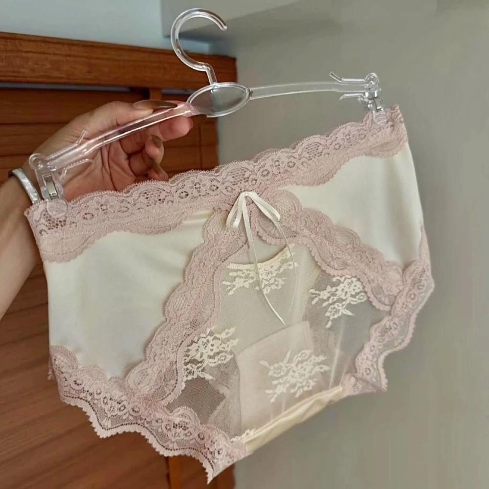 Breathable Mid Waist Lace Satin Panties Sweet Mesh Bow Briefs Patchwork Invisible Underwear for Women Girls