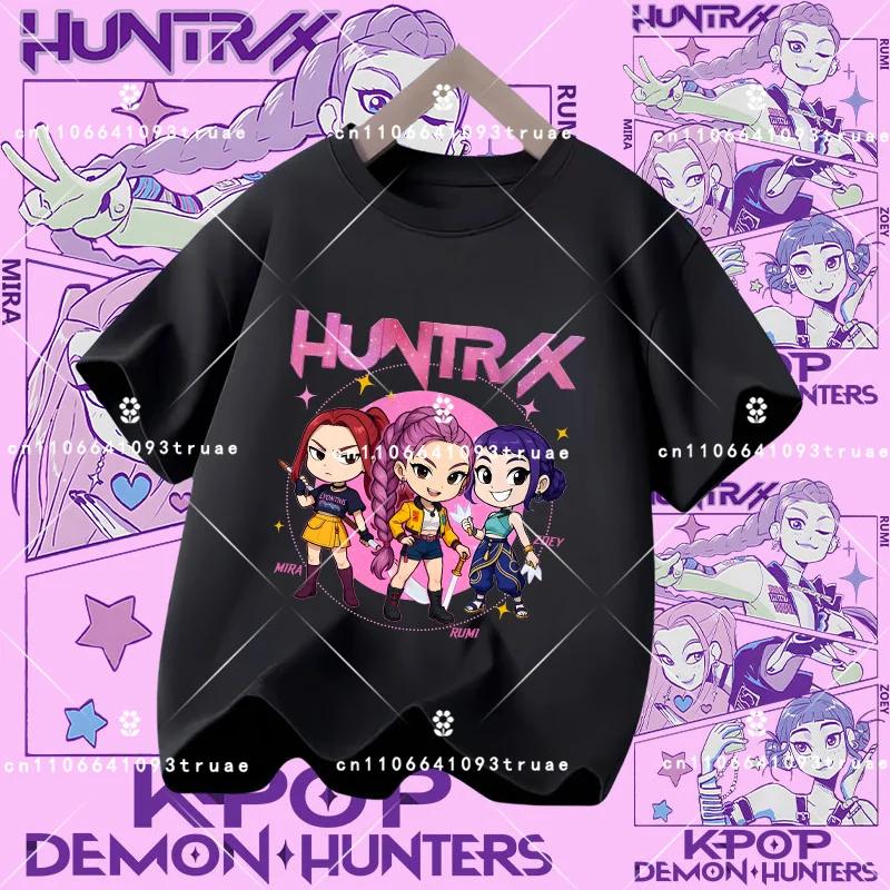 Polyester short-sleeved K-pop Demon Hunter girl cute sports shirt for children aged 1-12. Summer T-shirt. Casual top. Cartoon print