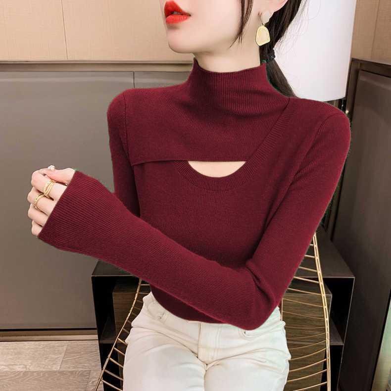 Women's Slim-Fit Knitted Sweater with Semi-High Neck and Hollow Design