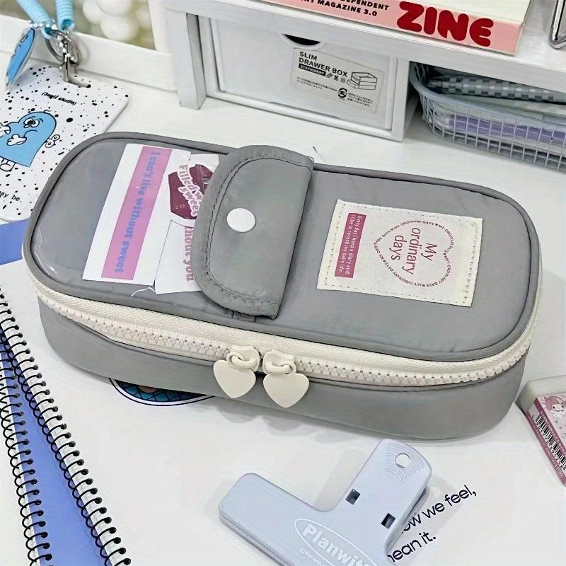 Cute Japanese Ins Small Fresh Simple Pencil Case Art Retro Large Capacity Girl Pen Bag with Clear Card Pocket Heart Shape Zipper