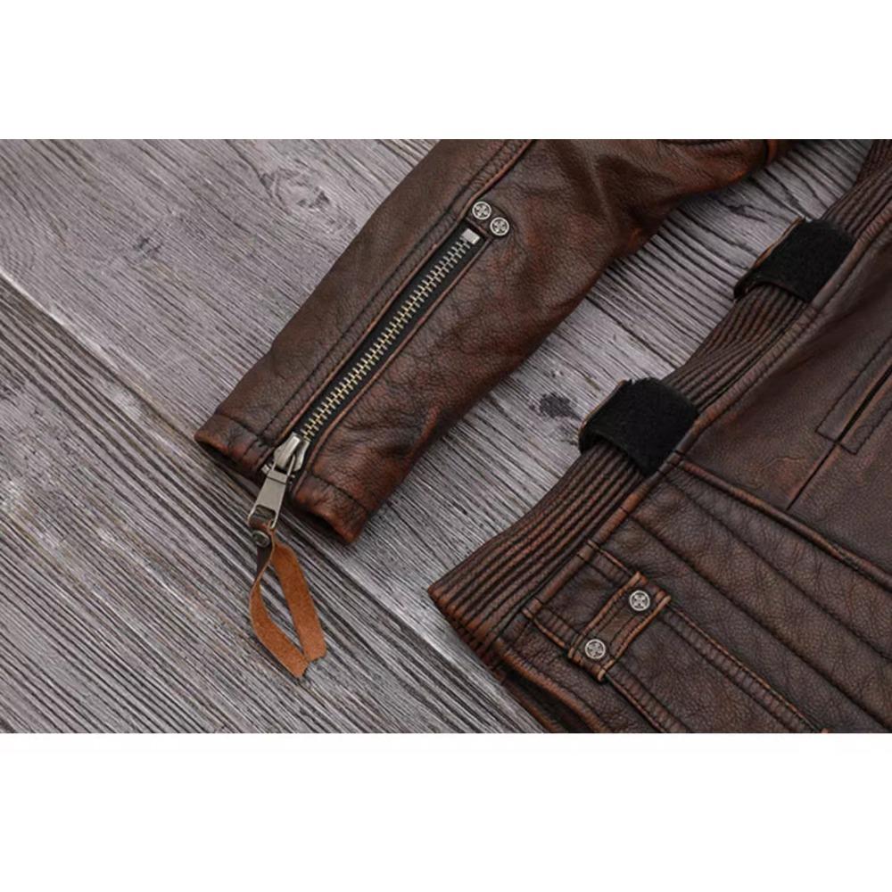 Chinese Size Heavy Motorcycle Jacket Natural Cowhide Leather Top Layer Brown Causal Vintage Retro Moto Suit Leather Coat Winter