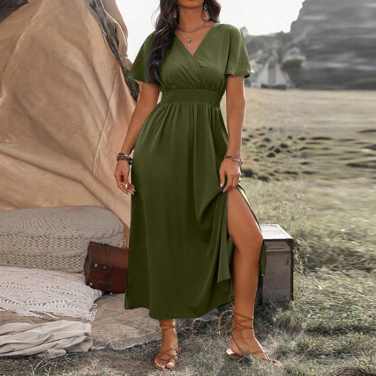 Women's Sexy V Neck Wrap Waist Maxi Dress A Line Side Slit Solid Color Casual Summer Long Dress Comfortable Sleeve Fashion
