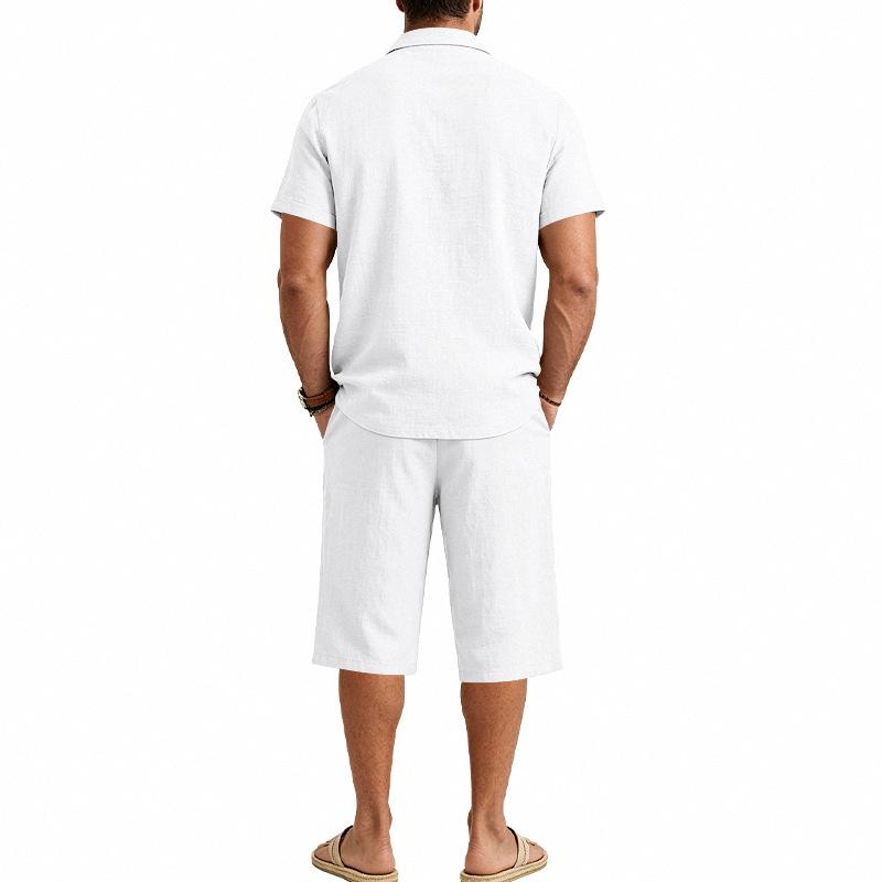Summer Men's Casual Sportswear Sets Lapel Men's Short-Sleeved Shirt and Shorts Solid Beach Set