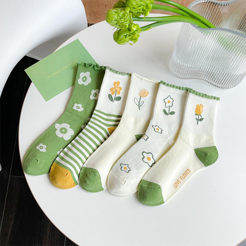 Cotton Crew Socks Set with Floral and Stripe Patterns Soft Breathable Casual Socks for Everyday Wear Pack of Five Pairs