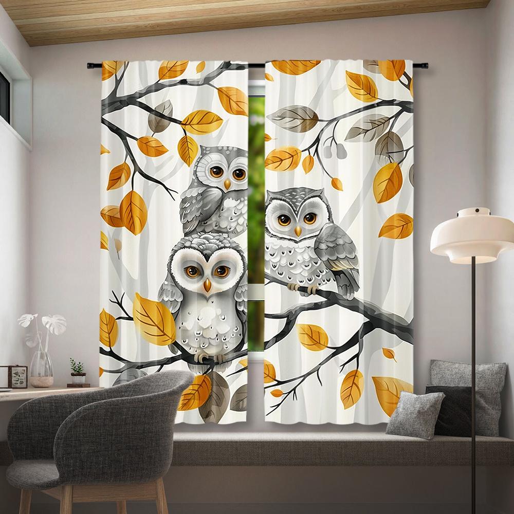 2 Pieces Owl Printed Curtains: Decorative Rod Pocket Window Treatments for Bedroom   Living Room   Home Decoration - Contemporary