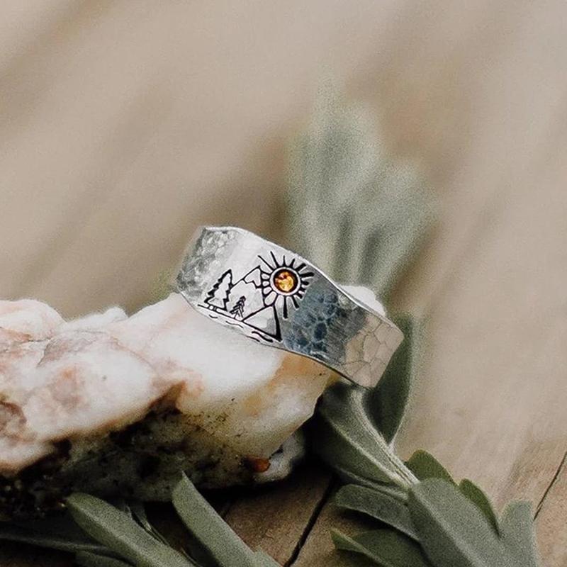 Vintage Ring Forest Mountain Sunset Nature Landscape Carved Ring For Women Men Open Adjustable Jewelry Fashion Ring
