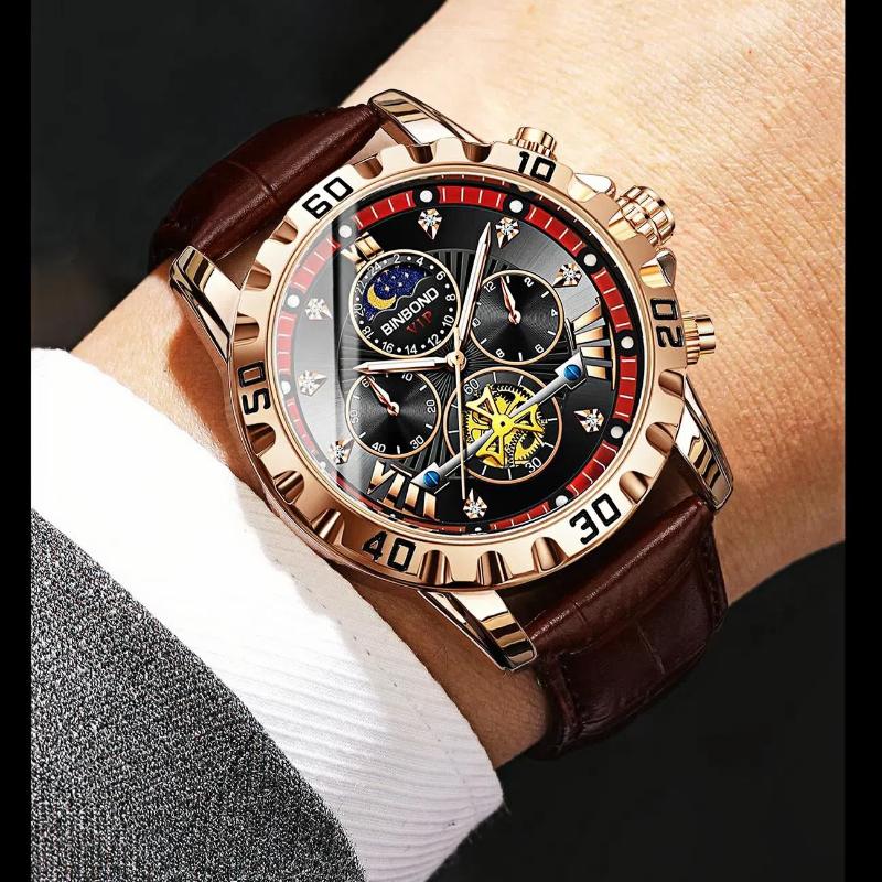 Men's Fashion Luminous Quartz Watch Three Eye Timing Moon Phase Dial Waterproof Multifunctional Fashionable Flywheel Watch