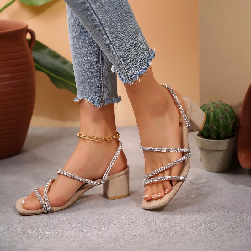 Fashion Women Mid Heeled Sandals Summer New Open Toe Rhinestone Fashion Sandals Personality Clear Square Heel Dressy Party Sandal