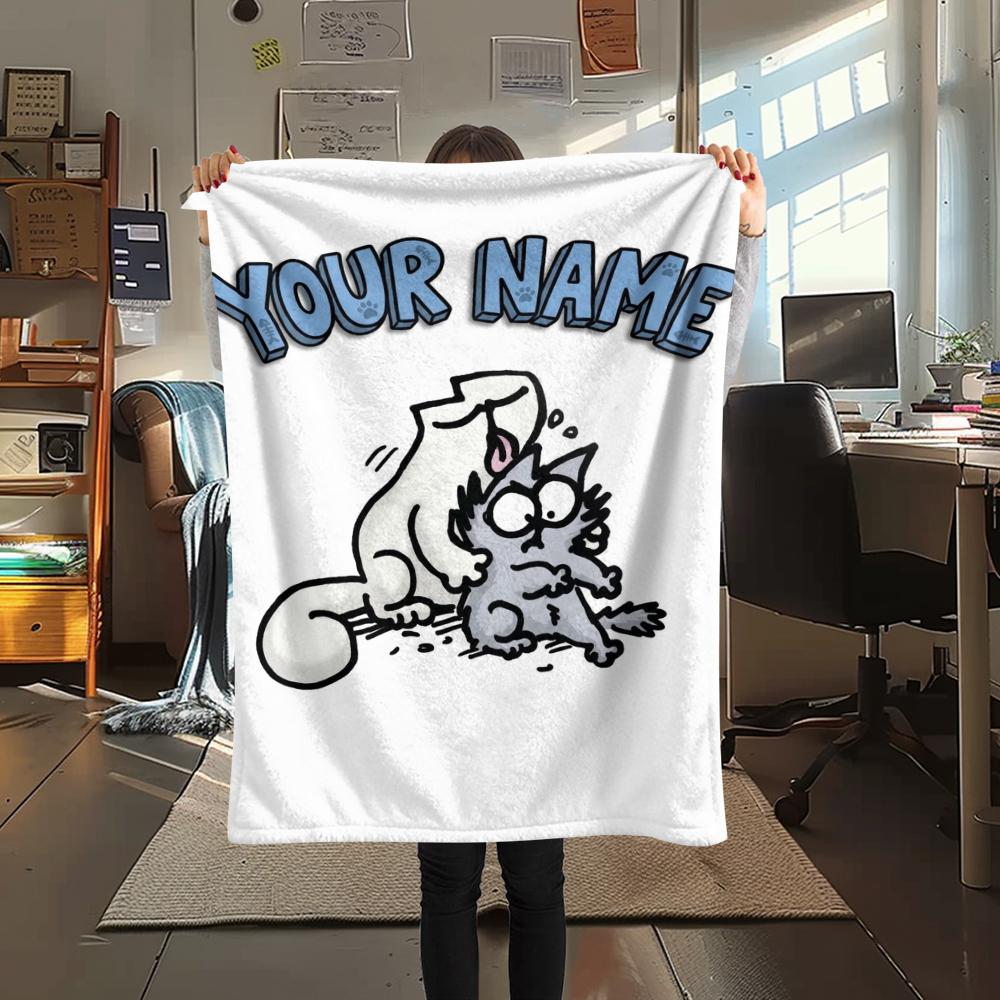 1PC Custom Name Simon‘s Cat Patterned Flannel Blanket Suitable For All Seasons for Home Decor Warmth and Comfort Gifts Holiday Present