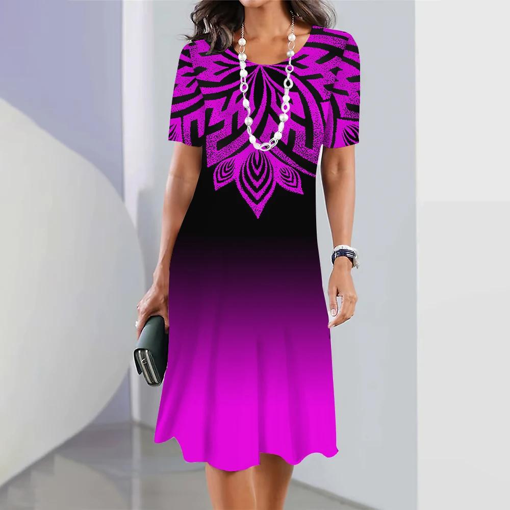 Women's Retro 3D Short-sleeved Pullover Summer Round Neck Dress Simple and Elegant Loose Skirt